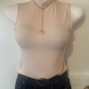 (NEW) WOMEN TOP SLEEVELESS MOCK NECK RIB KNIT BODYSUIT WITH SNAP CLOSURE TAUPE